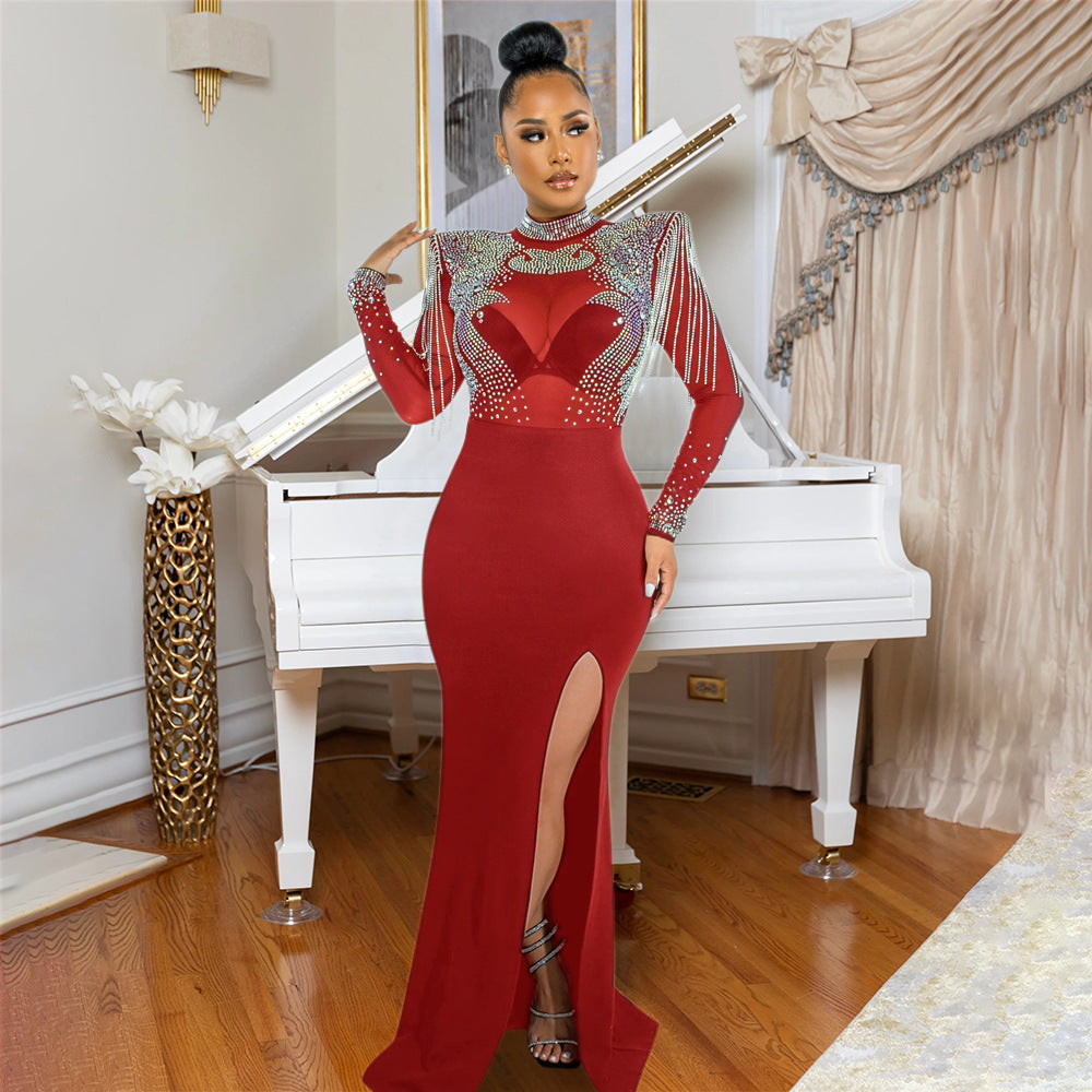 Womens Mesh Rhinestone Slim Fit Dress