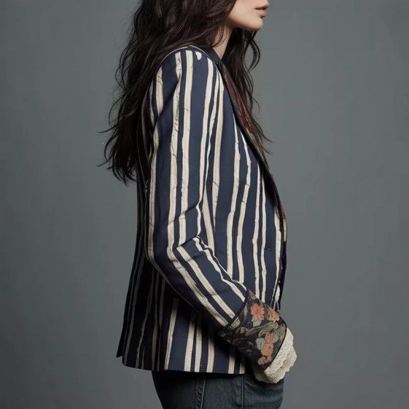 Bohemian Color-Block Striped Slim Fit Blazer for Women