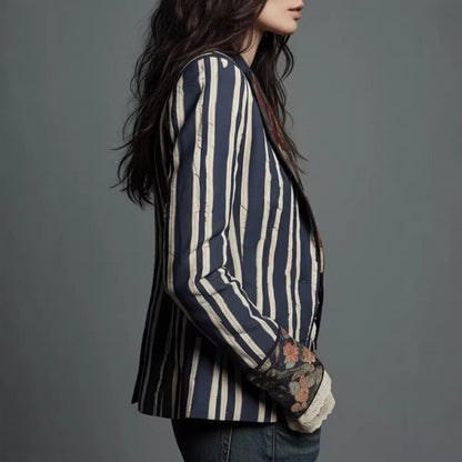 Bohemian Color-Block Striped Slim Fit Blazer for Women
