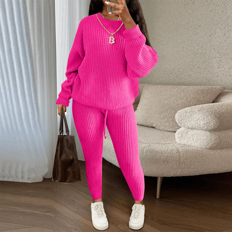 Womens Casual Knitwear Suit Long Sleeve Two Piece Pants Set