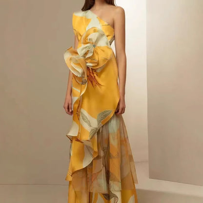 French Retro Printed Oblique Shoulder Dress