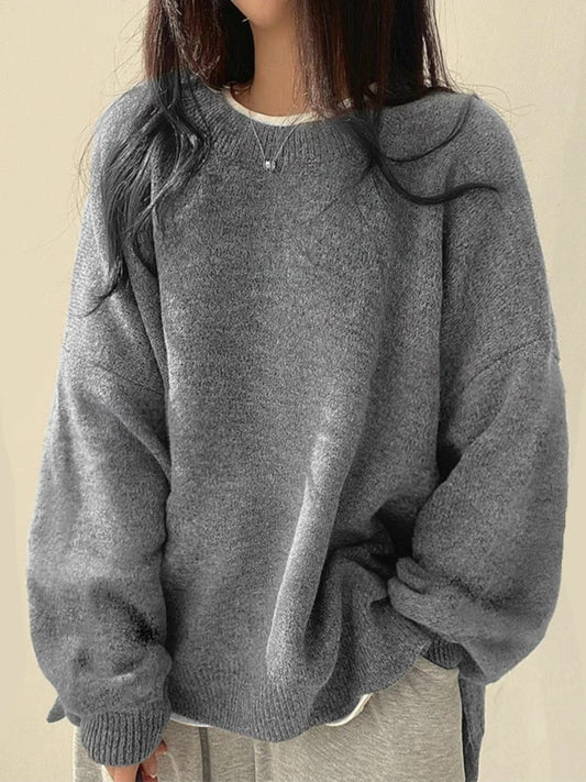 Casual Versatile Solid Color Slit Pullover Loose Long-Sleeve Women's Sweater