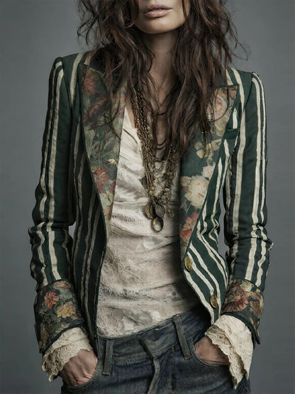Bohemian Color-Block Striped Slim Fit Blazer for Women