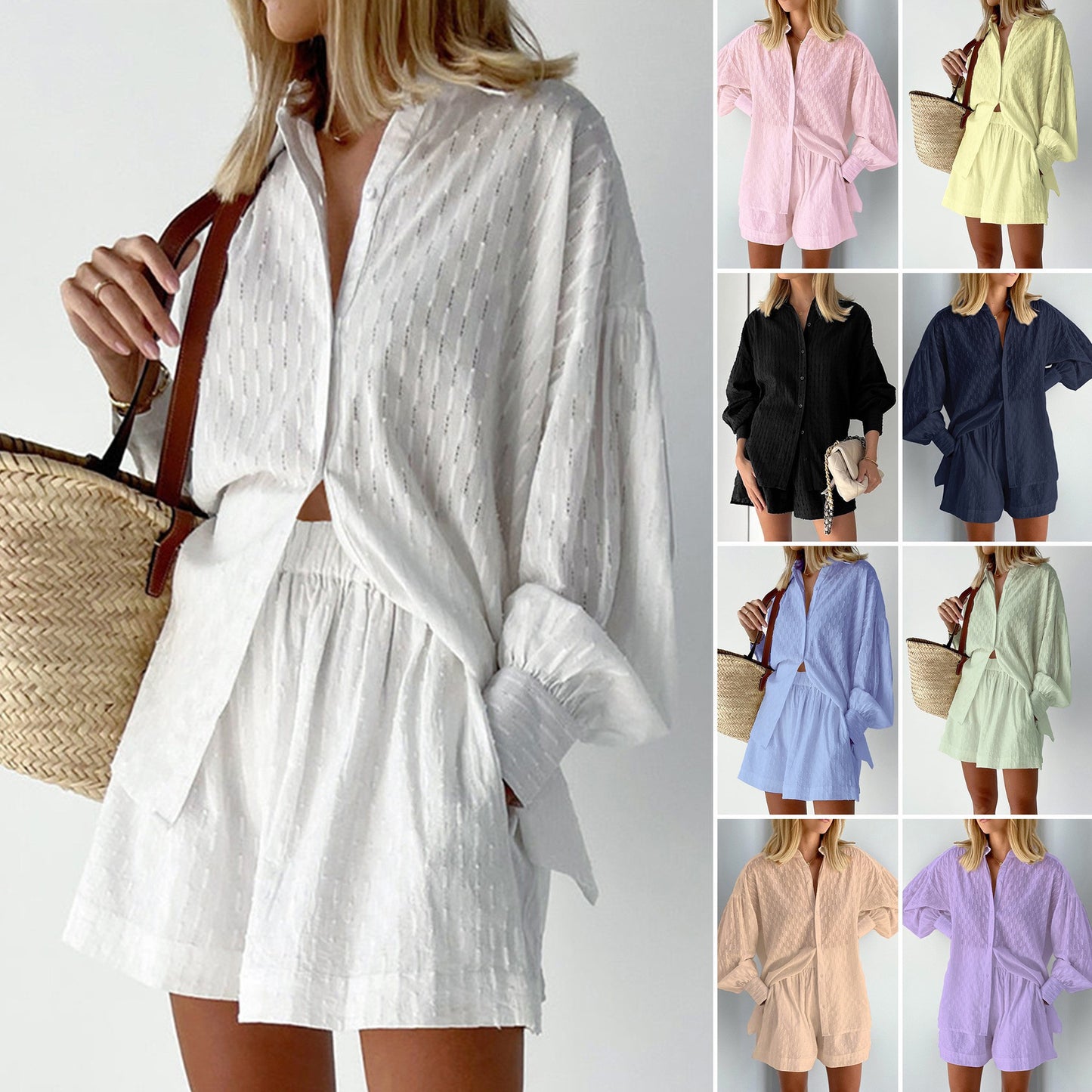 Women's Jacquard Puff Sleeve Shirt and Shorts Set