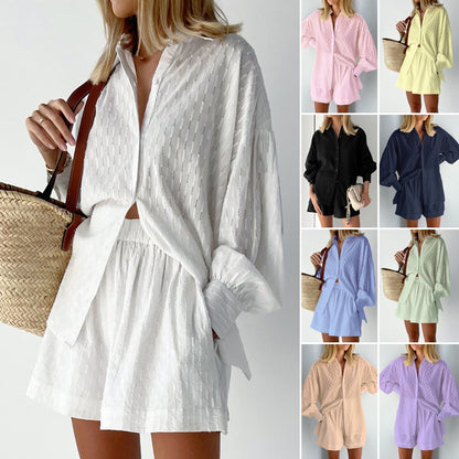Women's Jacquard Puff Sleeve Shirt and Shorts Set