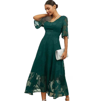 Womens Elegant V-Neck Jacquard A-Line Midi Dress