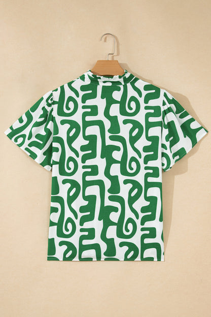 Groene blouse met abstracte print strepen V-hals en korte mouwen