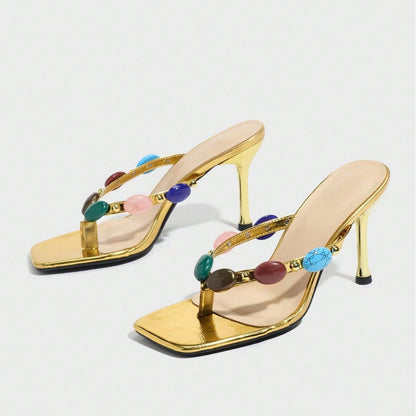 Women Square Toe Gemstone Stiletto Sandals