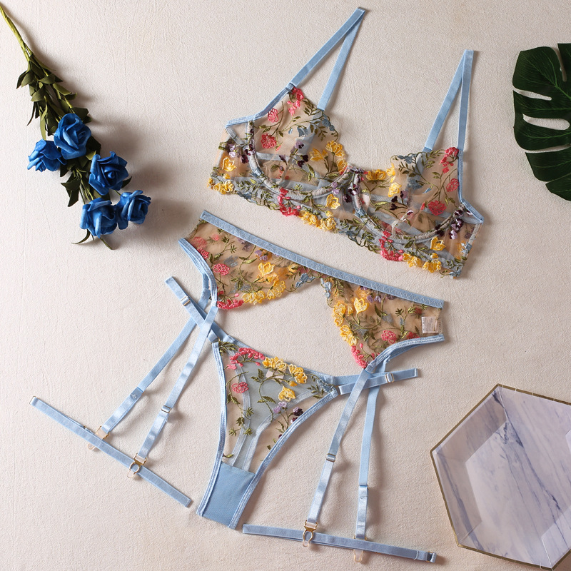Embroidered Floral Lingerie Set with Underwire