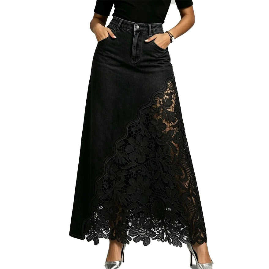 Womens Washed Denim Lace Patchwork Long Bodycon Skirt