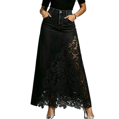 Womens Washed Denim Lace Patchwork Long Bodycon Skirt