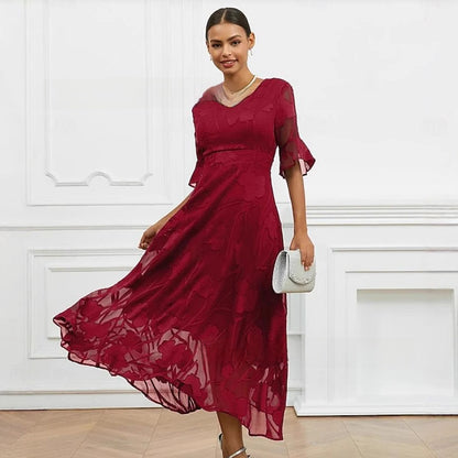 Womens Elegant V-Neck Jacquard A-Line Midi Dress