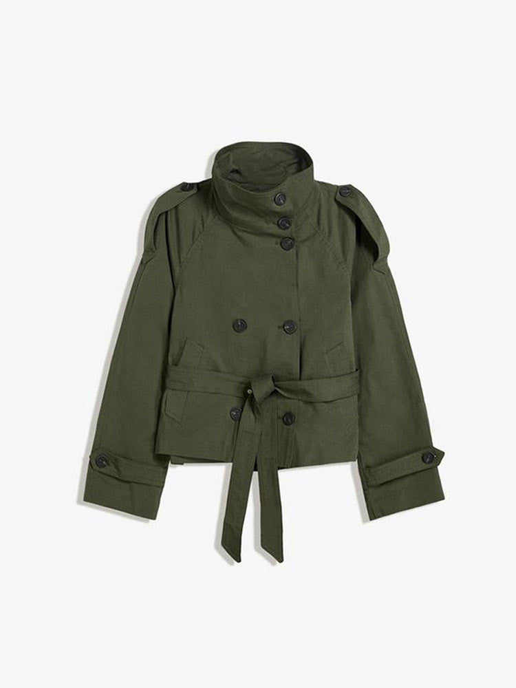 Retro V-neck double-buttoned belted short coat with zipper closure