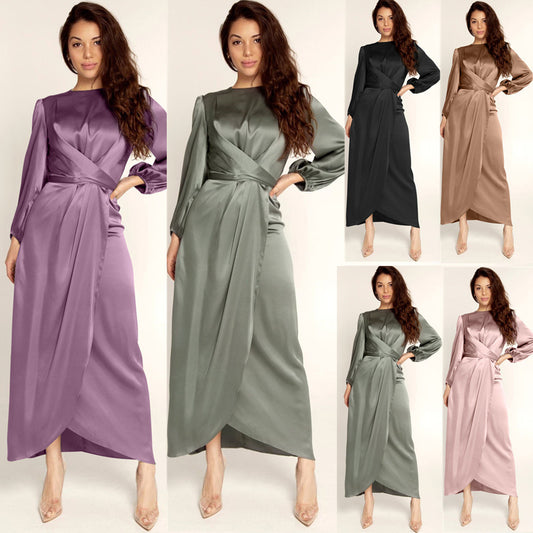 Elegant Satin Tie-Waist Long Dress