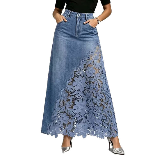 Damesrok van gewassen denim met kantenpatchwork