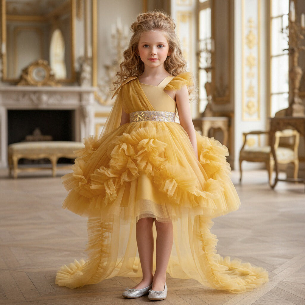 Girls Tulle Princess Dress with Irregular Train and Bow Detail Birthday Party Dress