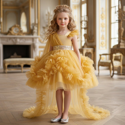 Girls Tulle Princess Dress with Irregular Train and Bow Detail Birthday Party Dress