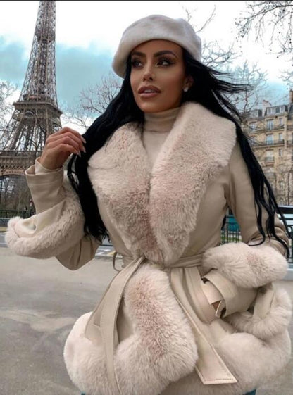 Women's Faux Rabbit Fur Waist Cinching Coat