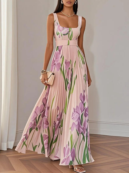 Floral Print Pleated Maxi Dress