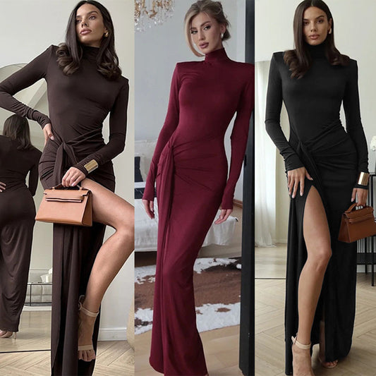 Women's High Neck Long Sleeve Strap Waist Slim Dress
