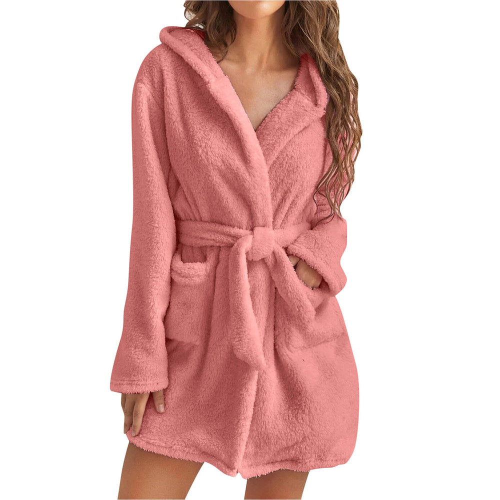 Womens Plush Hooded Bathrobe Warm Homewear