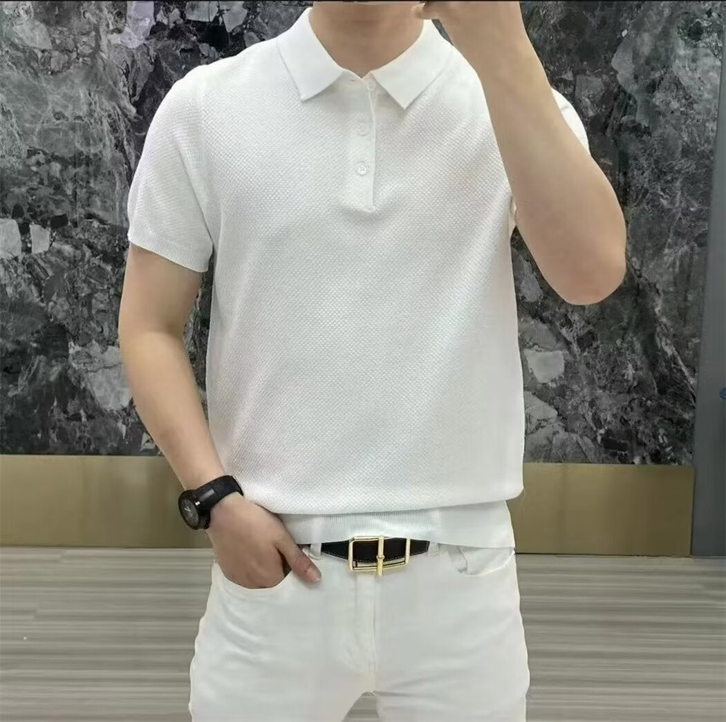 Fashion Casual Lapel Pure Color Polo Shirt Casual Knitted Short-Sleeved Men's Summer New Breathable Trendy Men's T-Shirt