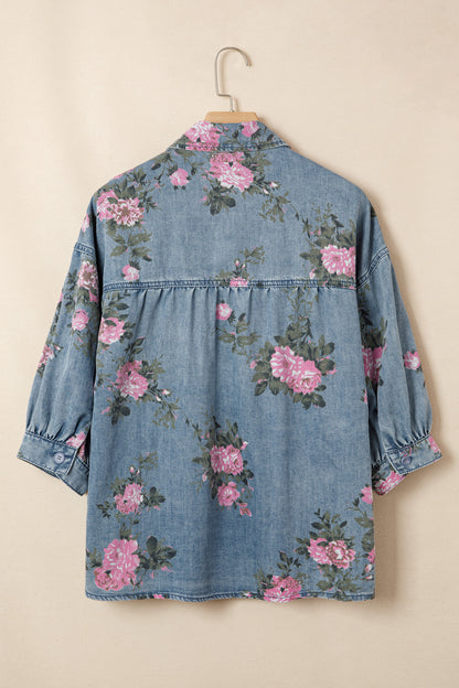 Blauwe denim overhemd met armbandmouwen en bloemenprint