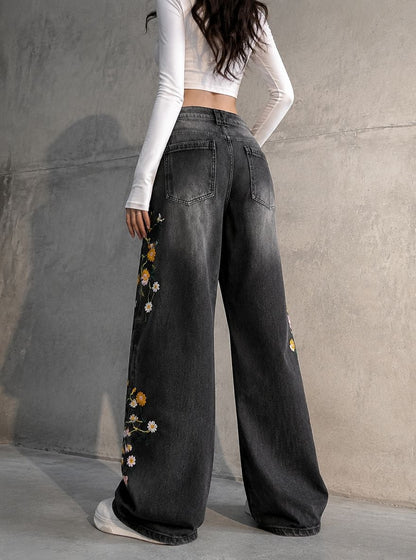 Floral Embroidered Wide Leg Pants