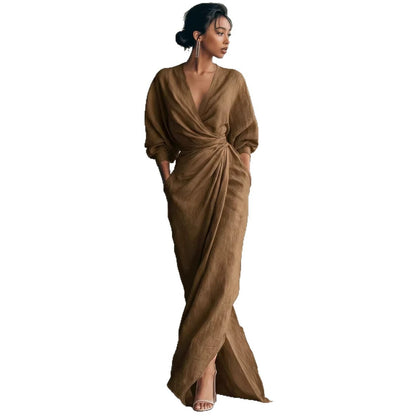 Elegant V-Neck Long Sleeve Waist-Cinching Dress