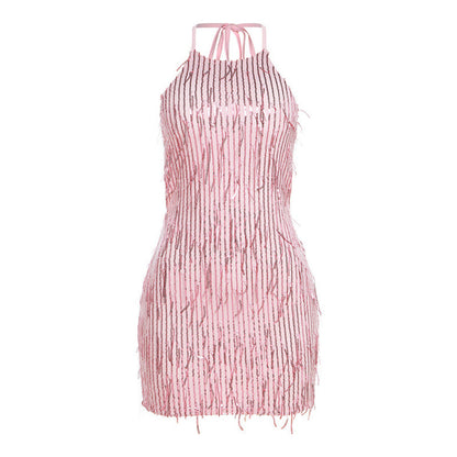 Sexy halter rugloze pailletten kwastjurk