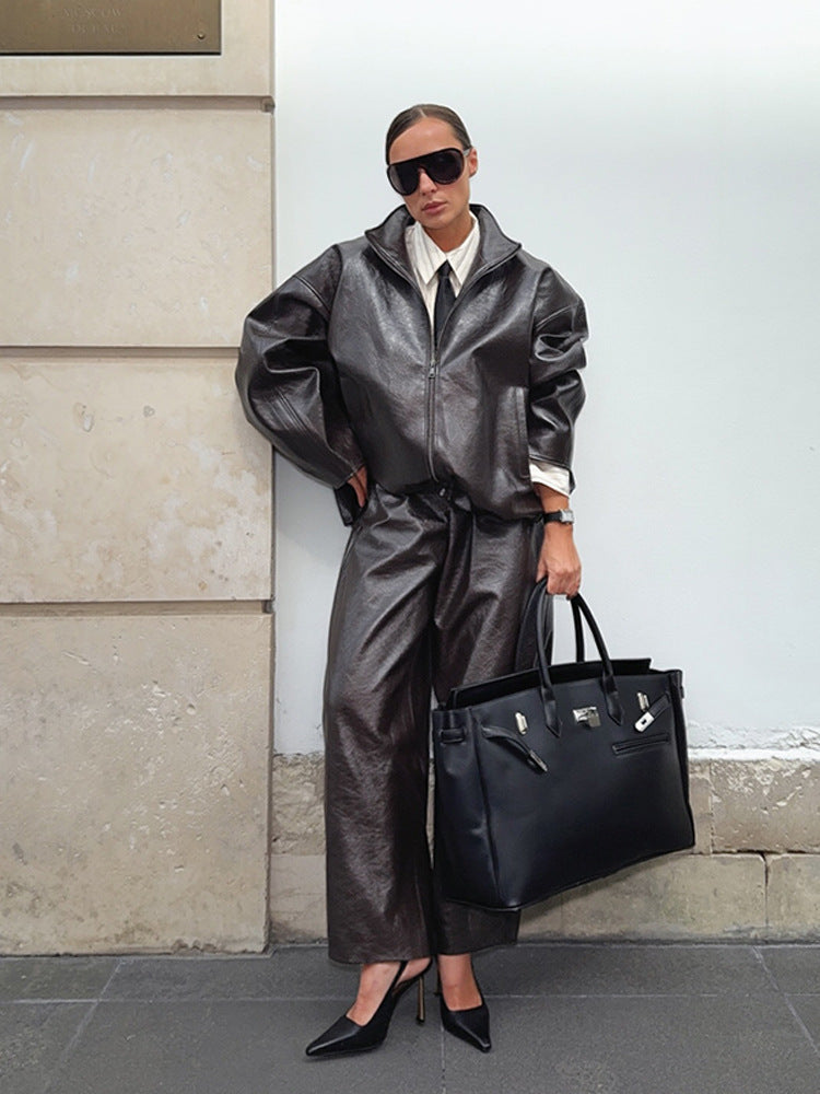Elegant Leather Jacket and Skirt Set