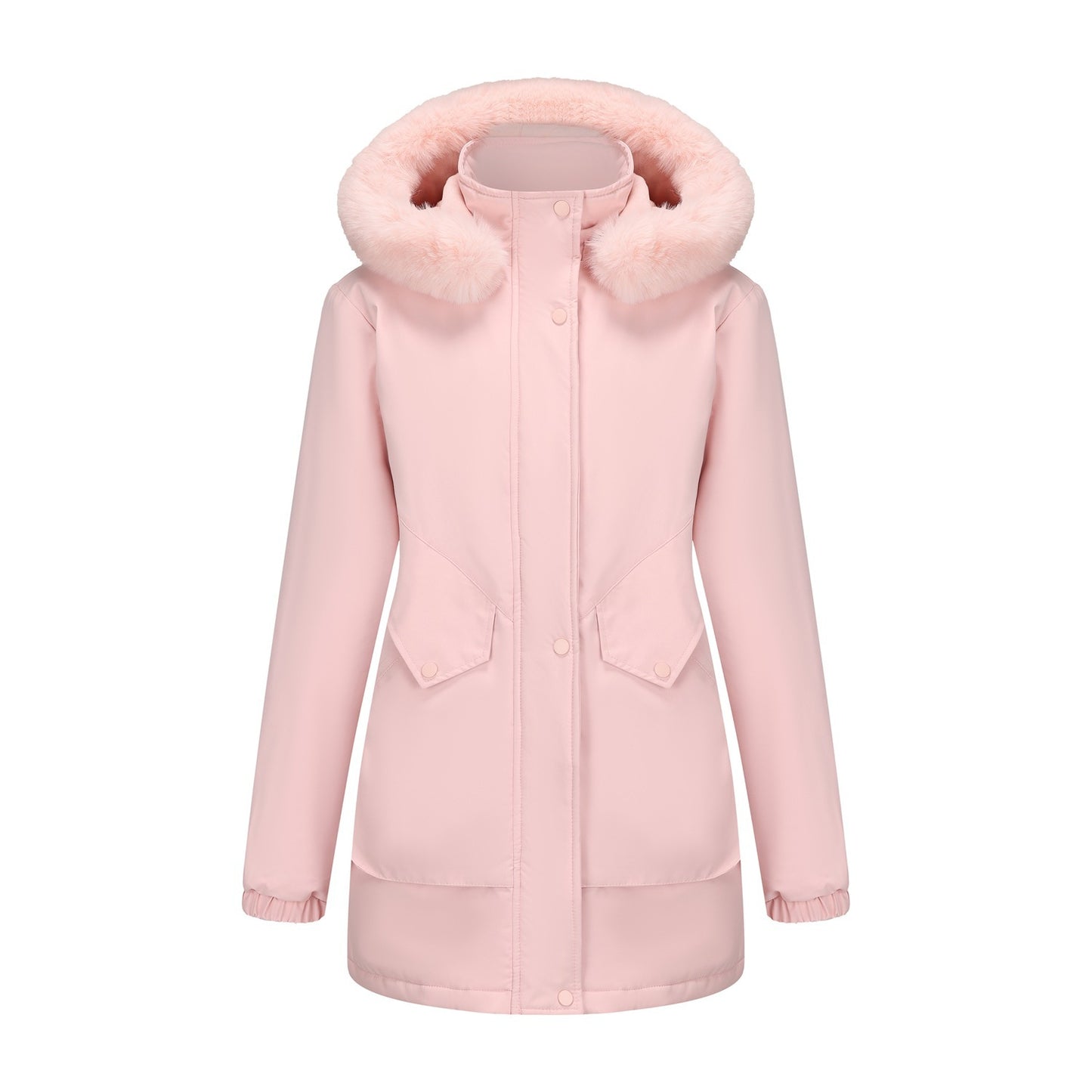 Dames katoenen jas met grote bontkraag en middellange lengte