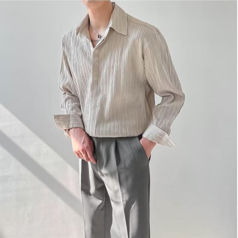 Textured Top Korean Style Loose Casual Long-Sleeved Shirt Men's Fashionable Handsome Striped Non-Ironing Shirt Autumn