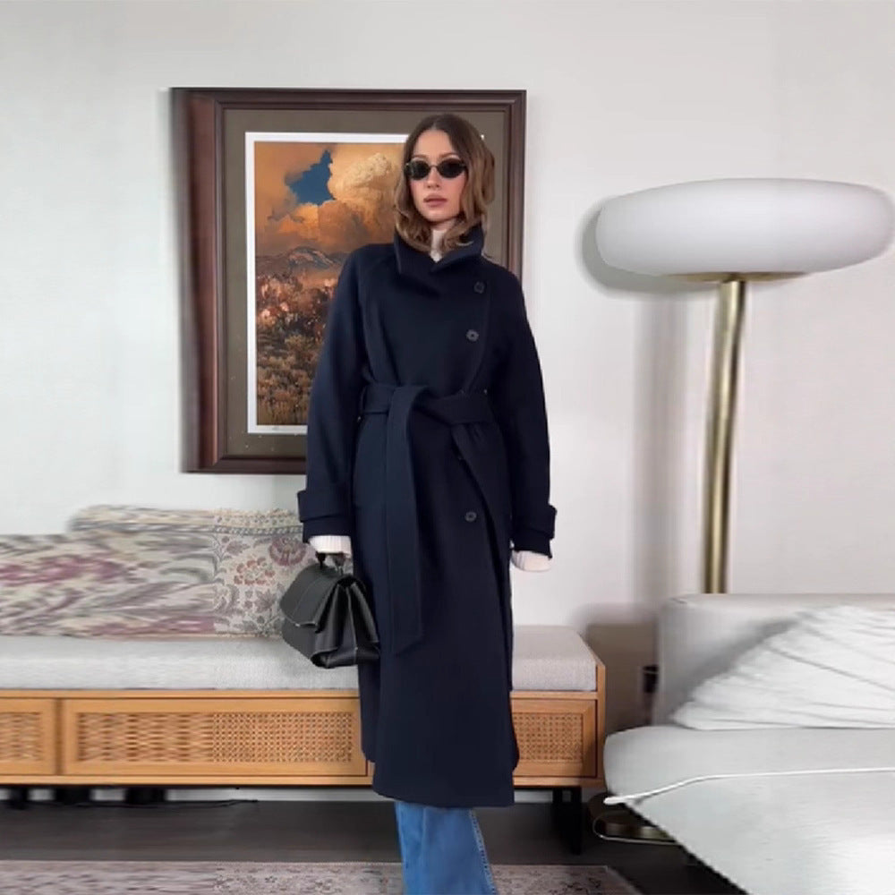 Women Casual Stand Collar Single Breasted Tie Long Coat