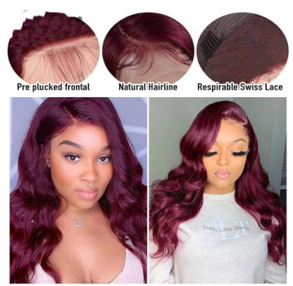 Wijnrode synthetische lace wig 5x5 golvend haar