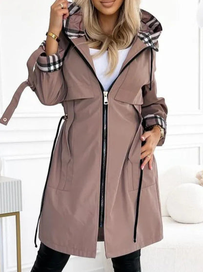 Women's Hooded Plaid Printed Windbreaker Coat