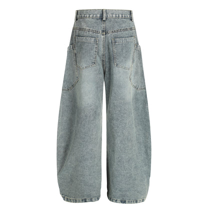 Patchwork Multi-pocket Mid-rise Trendy Knife-cut Jeans Pants