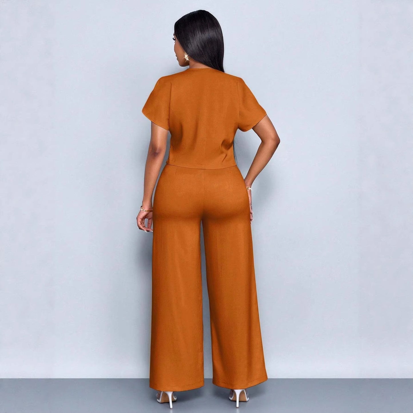 Summer Short Sleeve V-Neck Irregular Cardigan Straight Leg Wide Leg Pants Plus Size Casual Two-Piece Set