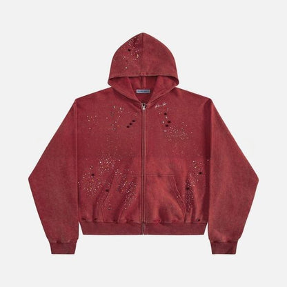 Rhinestone Hooded Sweatshirt Retro Washed Unisex