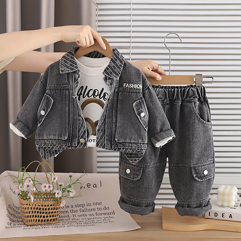 Autumn denim jacket long sleeved three piece set for children