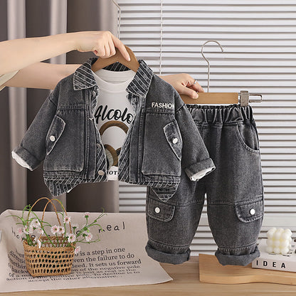 Autumn denim jacket long sleeved three piece set for children