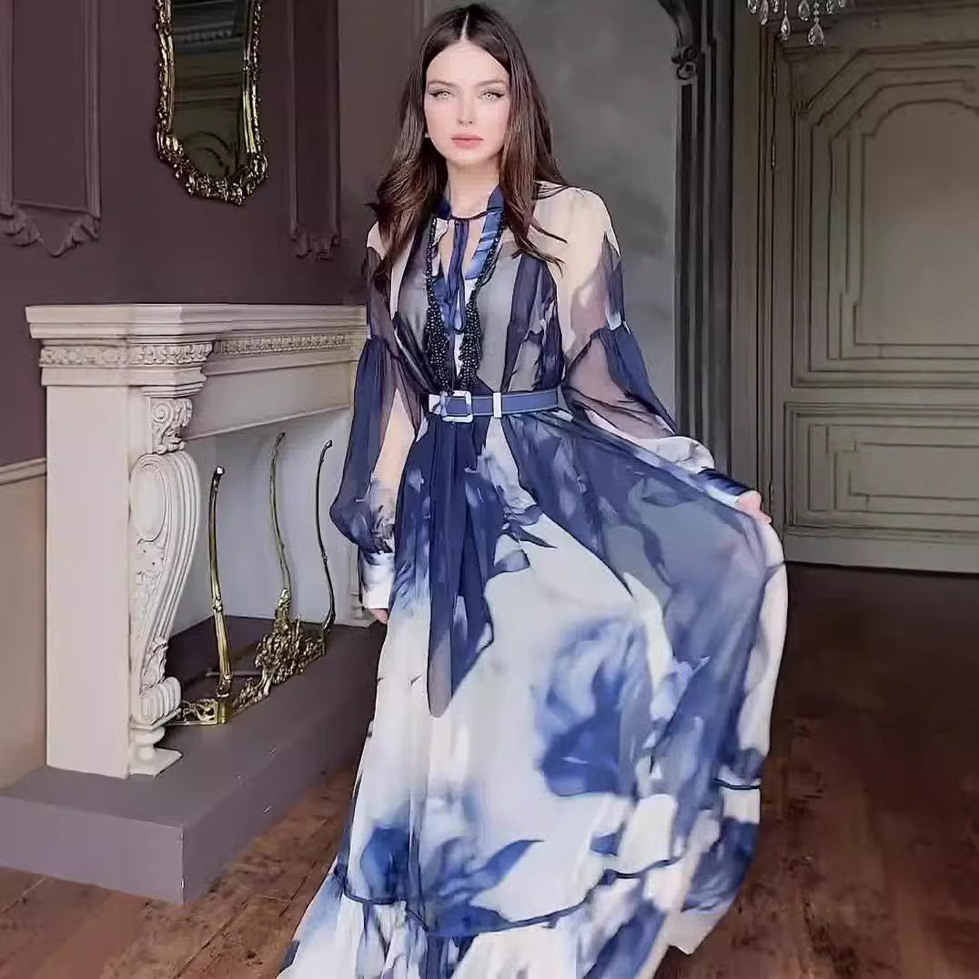 Printed long sleeved elegant slim fit women's dress