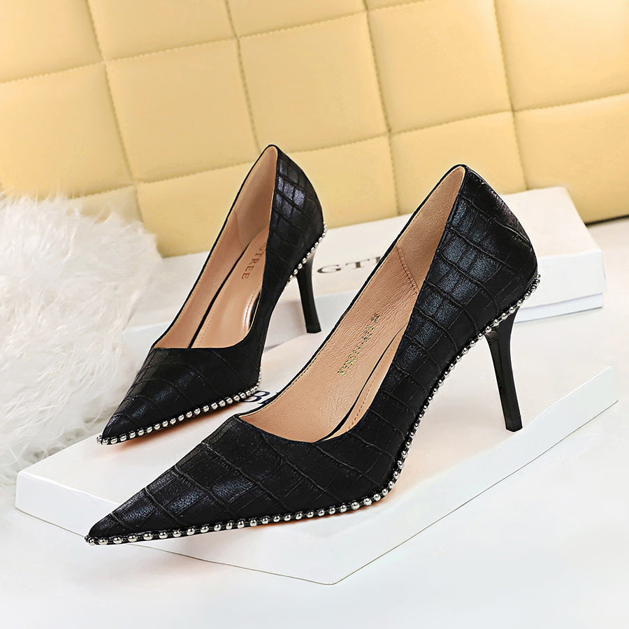 Vintage Stone Pattern High Heels Stiletto Shallow Mouth Pointed Metal Beads Rivets Women's Shoes