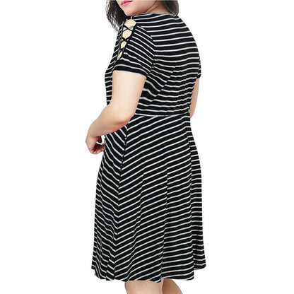 Europe and America cross border Foreign Trade popular style strap off-the-shoulder short sleeve round neck fashion striped slimming patchwork plus size dress women