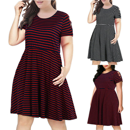 Europe and America cross border Foreign Trade popular style strap off-the-shoulder short sleeve round neck fashion striped slimming patchwork plus size dress women