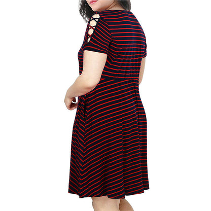 Europe and America cross border Foreign Trade popular style strap off-the-shoulder short sleeve round neck fashion striped slimming patchwork plus size dress women