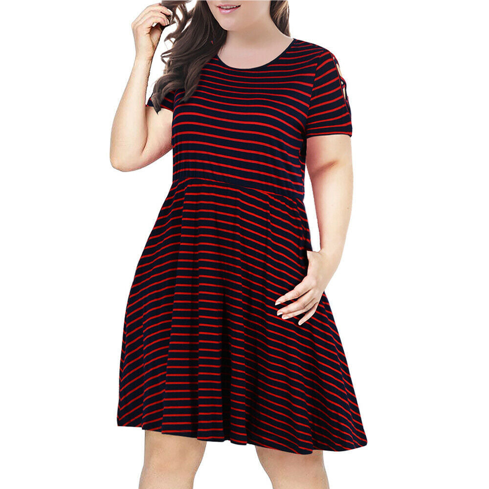 Europe and America cross border Foreign Trade popular style strap off-the-shoulder short sleeve round neck fashion striped slimming patchwork plus size dress women