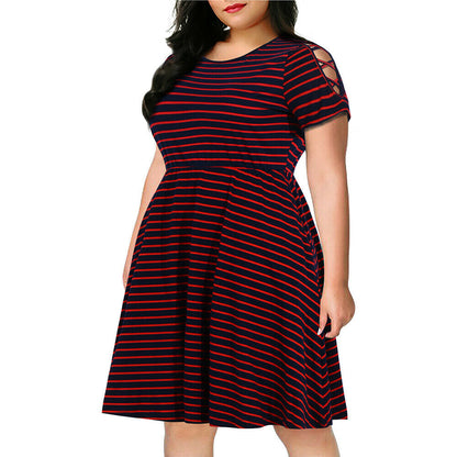 Europe and America cross border Foreign Trade popular style strap off-the-shoulder short sleeve round neck fashion striped slimming patchwork plus size dress women