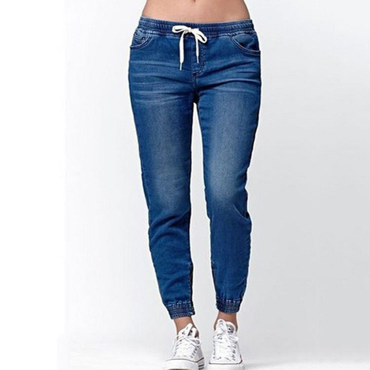 2025 spring and autumn AliExpress European and American New loose large size elastic waistband lace-up jeans women's trousers women's denim