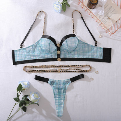 Chain decoration retro grid pattern shaping sexy lingerie split set
